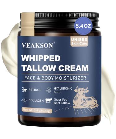 Beef Tallow for Skin Grass Fed Whipped Beef Tallow and Honey Balm with Anti Aging Retinol Collagen Hyaluronic Acid for Face & Body Wrinkle Skin Care Facial Moisturizer for Women & Men 5.4 Oz