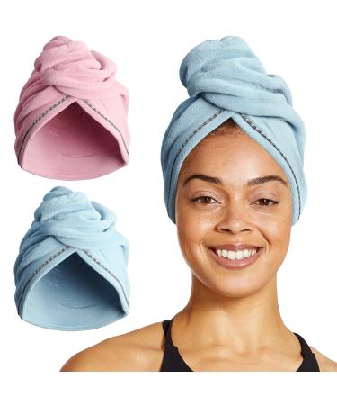 Eclat Skincare Microfiber Hair Towel Wrap - Bathroom Essential Accessories - Reduce Frizz and Flyaways - Super Absorbent Quick Dry Turban - Adjustable Size - 2 Pack (1 Blue, 1 Pink)