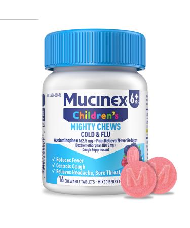 Mucinex Children's Mighty Chews Cold and Flu Medicine Easy to Dose Children's Acetaminophen & Dextromethorphan Kids Cough Medicine Ages 6+ Mixed Berry Flavor 16 Medicated Chewable Tablets Day 16 Count (Pack of 1)