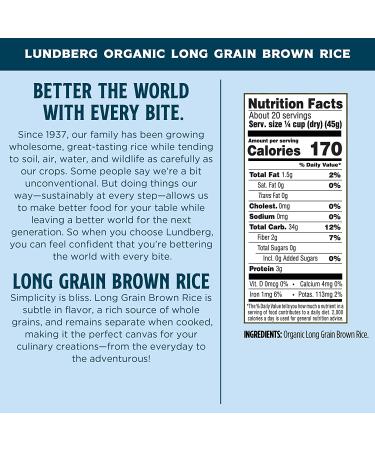 Lundberg Family Farms Organic Brown Long Grain Rice - 32 oz (2-Pack) | Whole Grain, High Fiber, Gluten-Free | USDA Certified Organic Pantry Staple - Buy Online on GoSupps.com