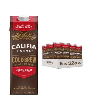Califia Farms - Pure Black Medium Roast Cold Brew Coffee, 32 Oz (Pack of 6), 100% Arabica, Shelf Stable, Plant Based, Vegan, Gluten Free, Non GMO, Sugar Free, Iced Coffee Pure Black Medium Roast 32 Fl Oz (Pack of 6)