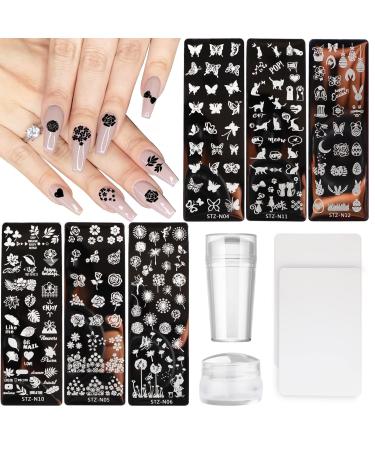 10Pcs Nail Stamp Plate Kit 6Pcs Nail Art Templates 2 Stamper 2 Scraper Animal Flower Leaf Stamper Nail Art Plates for Women Kid Art Decoration (Animal Flowers)