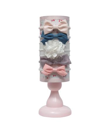 Elly & Emmy My First Headband Stand, Tabletop Accessories Holder/Organizer, 5pc Set Includes Assorted Hairbands, Headwraps, & Hair Bows, Elastic Bands Perfect For Newborn Baby Girls & All Hair Types Pink with Floral Print