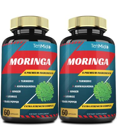 2 Packs Moringa Capsules 4 Months Supply with Turmeric Ashwagandha Ginger Licorice Black Pepper | Immune Support Energy Booster | Oleifera Leaf Herb Supplements