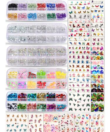 Spearlcable Nail Art Decoration Kit,48 Sheets Nail Stickers Crystal Rhinestones Set 3D Holographic Butterfly Glitter Fruit Nail Art Slices Iridescent Nail Sequins for Acrylic Nail Art