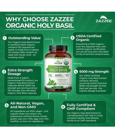 Zazzee USDA Organic Holy Basil 10:1 Extract 6000 mg Strength 120 Vegan Capsules Concentrated and Standardized 10X Tulsi Extract Ursolic Acid 100% Certified Organic Non-GMO - Buy Online on GoSupps.com