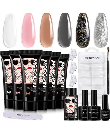 Morovan Poly Gel Nail Kit - 6 Colors Poly Extension Nail Gel with Top and Base Coat Poly Nail Gel Kits All In One Kit Poly Gel Kits French Nail Art Equipment DIY Poly Nail Kits for Starter Professional Builder Nail Gel f...