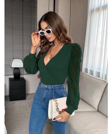 Fayenne Womens Tops Deep V Neck Cross Wrap Sexy Tops Polka Dot Mesh Long Sleeve T Shirt Casual Blouses L Dark Green - Buy Online on GoSupps.com
