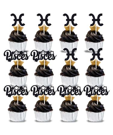 12Pcs Pisces Cupcake Topper Big Pisces Energy/Pisces Season 12 Constellation March/April Birthday Cupcake Decoration Horoscope Astrology Birthday Party Supplies Black Glitter