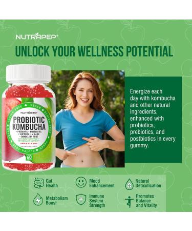 Probiotic Kombucha Gummies - Women Men Probiotic Prebiotic Probiotic Blend for Gut Health Bloating Metabolism Support with Slippery Elm Bark Dandelion Root - Vegan Gluten Free Apple Flavor 60 Count (Pack of 1) - Buy Online on GoSupps.com