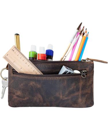 Moonster Leather Pencil Case Beautifully Handcrafted Zippered Pouch That s Made To Last - Elegant Practical Pencil Cases for Adults & Students - Unique 8" x 4" Design with Side Pocket & Keyring Dark Brown - Buy Online on GoSupps.com