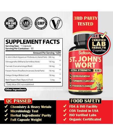 Satoomi St. John's Wort Capsules Extract Supplement - 6 Herbs Equivalent 5050 mg - Emotional Balance, Joyful Mood & Mood Support - 1 Pack 90 Veggie Caps 3-Month Supply - Buy Online on GoSupps.com