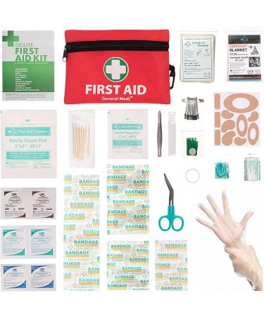 Mini First Aid Kit 110 Pieces with Emergency Foil Blanket, CPR Respirator & Scissors for Travel, Home, Office, Vehicle, Camping - Red - Buy Online on GoSupps.com