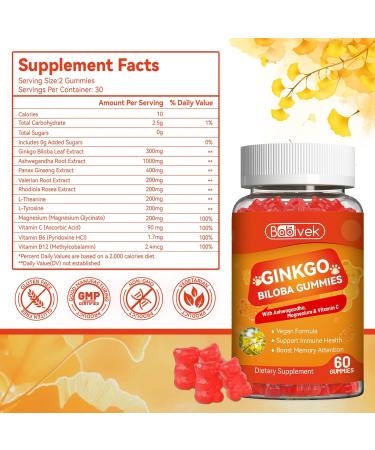 Babivek Ginkgo Biloba Gummies with Ashwagandha Vitamin C & Magnesium - Vegan Non-GMO Gluten-Free - Raspberry Flavor 60 Count - Buy Online on GoSupps.com