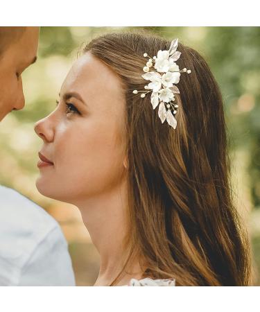 PRETTYLIFE Floral Bridal Hair Piece with Comb - White Pearl Leaf Wedding Hair Accessory for Women - Buy Online on GoSupps.com