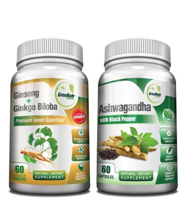 GreeNatr Premium Bundle for Holistic Well-Being: Organic Ashwagandha Capsules, with Black Pepper for Stress Relief, Plus Ginseng + Ginkgo Biloba Tablets, a Traditional Energy Booster.