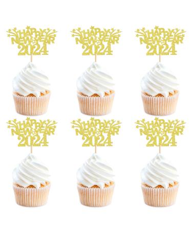 Ercadio 24 Pack Happy New Year 2024 Cupcake Toppers Gold Glitter Happy 2024 New Year Cupcake Picks Cheer to 2024 Cupcake Toppers Champagne Celebration Cake Picks for New Year Party Decor Supplies D-gold 2024