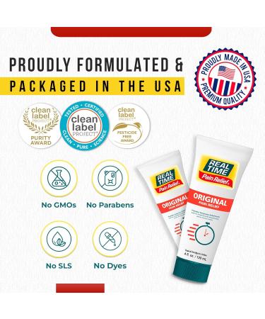 Real Time Pain Relief Cream 4oz Tube | 17 Natural Ingredients: 1.25% Menthol Arnica & MSM | Muscle Strain & Joint Discomfort Relief for Arthritis Cramps Sprains Bruises Hands Back & Knee Pain 4 Ounce - Buy Online on GoSupps.com
