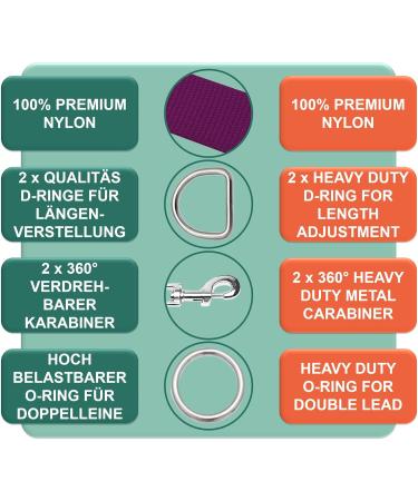 Premium 2m Dog Leash - 3-Way Adjustable Nylon for All Dog Sizes | Stylish Colors Available | Ideal Puppy & Cat Leash | Doubleein Schleppline - Lila S (1.5 x 200 cm) - Buy Online on GoSupps.com