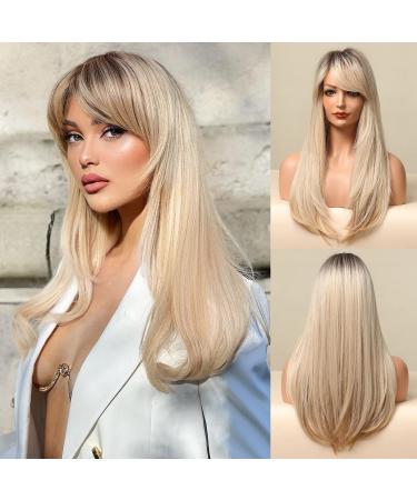Honybia long blonde wig with pony - ombre dark root blonde wigs for white women striag wavy synthetic heat resistant hair natural cute wigs for everyday/party/cosplay blonde smooth long