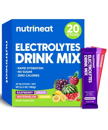 NutriNeat Electrolytes Powder Packets (20 Count) Electrolytes Powder Sugar Free Fruity Daily IV Hydration Packets Perfect for Keto Workout & Recovery (Raspberry Grape Watermelon Lemon)