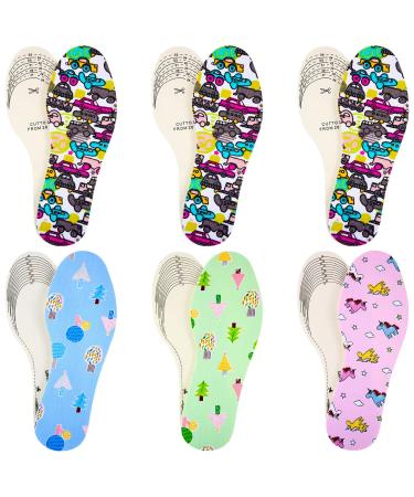 6 Pairs Quality Memory Sponge Foam Shoe Insoles for Kids  Child Replacement Shoe Inserts  Breathable  Washable  Absorb Shocks and Stay Fresh  Cut to Size (Car  Unicorn  Pine Styles)