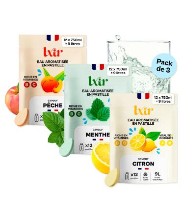 LXIR DRINK - Eau aromatis e en pastille sans sucre - Boisson multivitamines - Riche en vitamines C et B - Hydratation quotidienne - Beaut de la peau - Vitalit - 36 pastilles - Citron/P che/Menthe Citron/Peche/Menthe