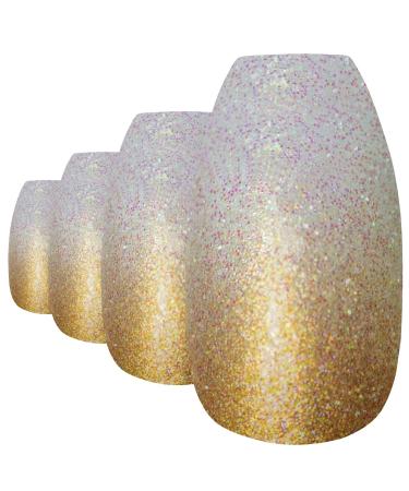 Bling Art False Nails Gold Gel Ombre Ballerina Coffin 24 Artificial Nails Long Tips with Glue