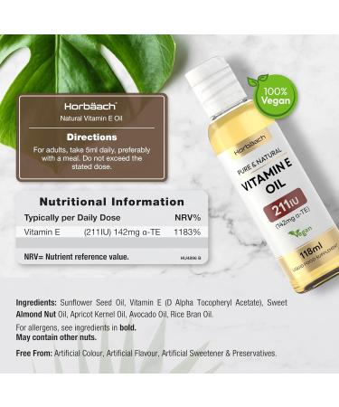 Vitamin E Oil 211iu | 2 Pack | 236 mL | High Strength Vegan Food Supplement | Natural Vitamin E Oil | By Horbaach 118 ml (Pack of 2) - Buy Online on GoSupps.com