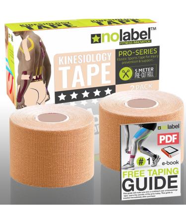 NO LABEL Beige Pre Cut Kinesiology Tape - 5m Roll Pre-Cut Beige Body Tape - Beige Sports Tape - Beige Medical Tape - Beige Physio Tape - Beige Muscle Tape For Muscle Recovery - Free PDF Taping Guide Beige 2 x Rolls