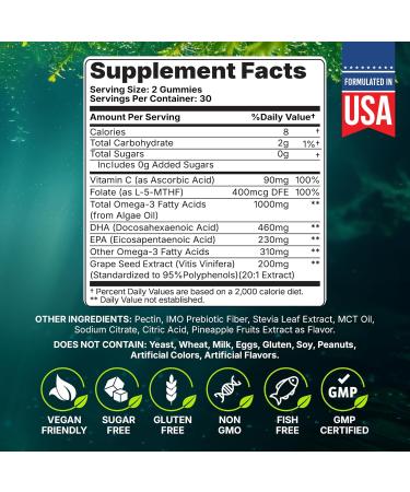 Marine Algae Omega 3 Gummies with 3400mg+ | DHA/EPA/ALA 20:1 Grape Seed Extract Vitamin C & Folate | Heart Brain & Skin | Plant-Based Sugar-Free 60 Ct - Buy Online on GoSupps.com