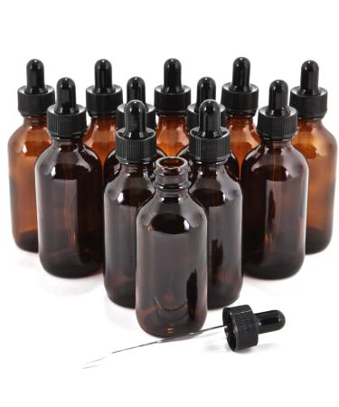 12, Amber, 2 oz Glass Bottles, with Glass Eye Droppers