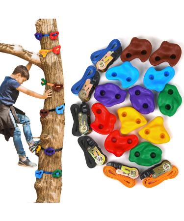 HAPPY MOTTE Tree Rock Climbing Holds for Kids, with 6pcs 10ft Ratchet Straps for Warrior Obstacle Course Outdoor Playground Backyard Accessories for Tree Climbing (12holds+6ratchets)