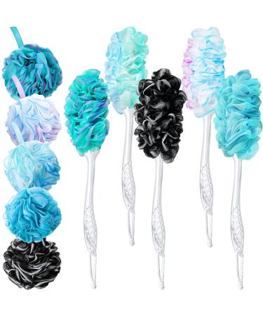 10 Pieces Loofah Back Scrubber and 60g Bath Sponge Shower Loofahs Loofah on a Stick Long Handle Back Brush Soft Mesh Poufs Exfoliating Shower Pouf Body Scrubber for Men Women