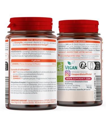 SUPERDIET - GINSENG ORGANIC - Tone and Energy - Phytotherapy - Made in France - 45 capsules - Buy Online on GoSupps.com
