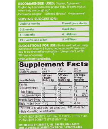 Zarbee's Baby Cough Syrup + Mucus Relief - Organic Agave, Ivy Leaf, Natural Grape Flavor, 10 Single Serve Packs - Buy Online on GoSupps.com