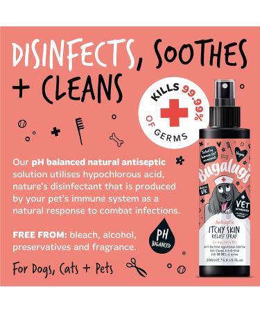 BUGALUGS itchy dog skin relief Antiseptic spray for dogs puppy cats & pets - Dog grooming Antibacterial Antifungal for dog itchy skin relief- use with our dog shampoo sensitive skin 200ml Spray - Buy Online on GoSupps.com