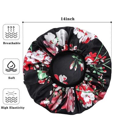Satin Bonnet Set for Curly Hair | 2 Large Silk Sleep Caps for Women - Black & Black Flower | Hair Care for Braids and Long Hair - Buy Online on GoSupps.com