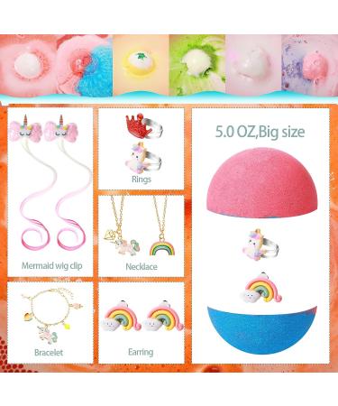 6 Pcs Kids Bath Bombs with Surprise Jewelry - Christmas Gift for Girls | Gentle Bubble Fizzy Bath Balls with Ring, Bracelet, Necklace, and Ear Clip - Unicorn Style - Buy Online on GoSupps.com