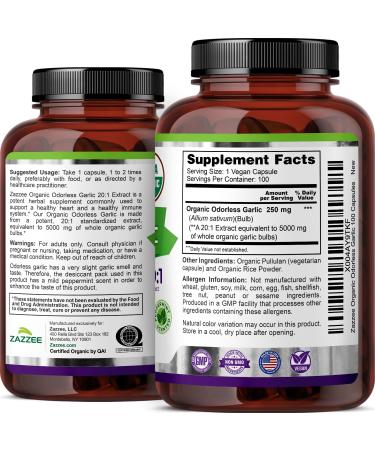 Zazzee USDA Organic Odorless Garlic 20:1 Extract 5000 mg Strength 100 Vegan Capsules 3+ Month Supply Standardized Concentrated 20X Extract 100% Vegetarian All-Natural Non-GMO Made in The USA - Buy Online on GoSupps.com