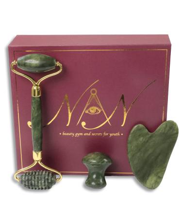 New Age New Jade Roller Gua Sha Set to Eliminate Eye Puffiness, Dark Circles, Wrinkles and Relax Muscles- 3 in 1 Kit with Real Jade Stone Mushroom Face Massager, Neck, and Skin Care Routine