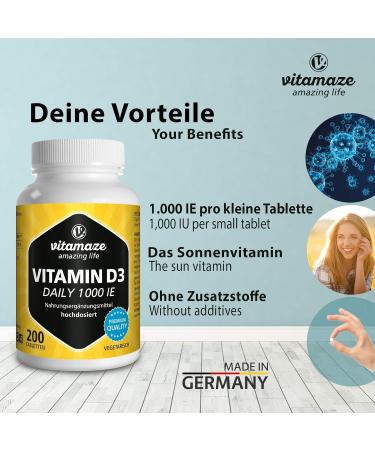 Vitamin D3 1000 IE - Vegetarian Cholecalciferol Supplement | 200 Tablets | Natural & Pure | Made in Germany - Buy Online on GoSupps.com