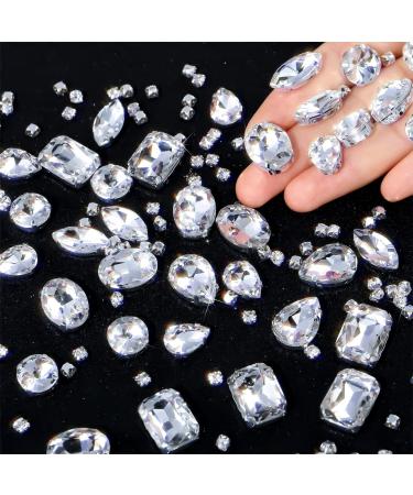 156 Pieces Sew on Rhinestones Claw Flatback Crystal Rhinestones Metal Prong Setting Rhinestones Acrylic Glass Sewing Gems for Clothes DIY Craft Shoes Dress Jewelry Making (White)