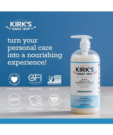 Kirk's 3-in-1 Castile Liquid Soap + Travel Bar Soap Set - Head-to-Toe Clean for Men, Women & Kids - Original Fresh Scent - 32 Fl Oz (2 Pack) - Buy Online on GoSupps.com
