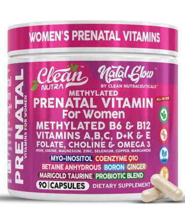 Natal Glow Methylated Prenatal Vitamins for Women Folate Omega 3 Vitamins A B12 C D3 E K2 Iron Riboflavin Biotin Choline Calcium Iodine Magnesium Zinc Selenium Copper Manganese by Clean Nutra
