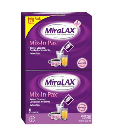 MiraLAX, Laxative Powder for Gentle Constipation Relief Single Dose Packets, 40 Count (2 x 20 Doses)