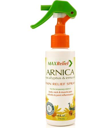 MaxRelief Arnica Pain Relief Spray - Australia's #1 - now available in Canada - Arnica Eucalyptus & Emu Oil - 4 oz - 3X times more Arnica than other Pain Sprays Chosen by Sufferers of Back Neck & Muscle Pain & Reduces Arthritis Pain & Joint Inflammation - Buy Online on GoSupps.com