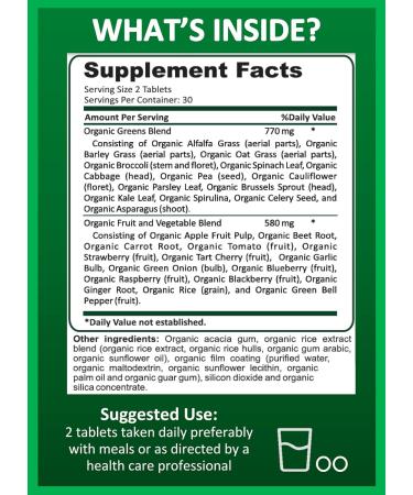 Potent Garden Organic Superfood Greens Fruit and Veggies Supplement Rich in Vitamins & Antioxidants with Alfalfa Beet Root & Tart Cherry to Boost Energy Immunity & Gut Health Greens Tablets 60 Ct - Buy Online on GoSupps.com