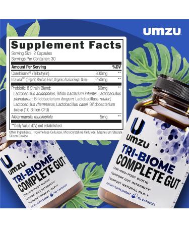 UMZU Tri-Biome Complete (30 Day Supply) 3 in 1 Probiotic Prebiotic Postbiotic Capsules with Akkermansia and CoreBiome Probiotic for Adults Gut Balance Stomach Probiotics and Complete Gut Health - Buy Online on GoSupps.com