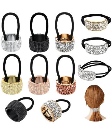 8 Pieces Rhinestone Hair Ponytail Holder Glitter Ponytail Accessories Large Pony Tail Holders Gothic Punk Elastic Hair Tie Band Plastic Metal Ponytail Holder Cuffs for Women Girls, Mixed Colors